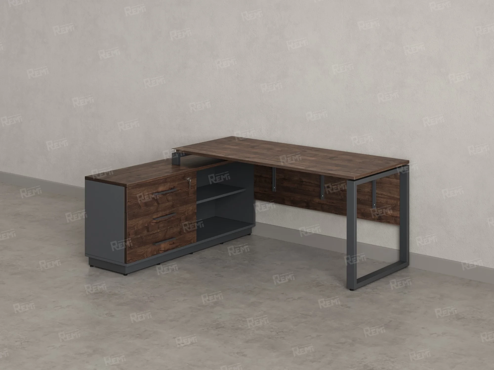 Стол прямой с тумбой L, ЛДСП экран, О-опора 1600x1400x750 RM013L-16x7 Дуб Апрельский шоколад/Серый