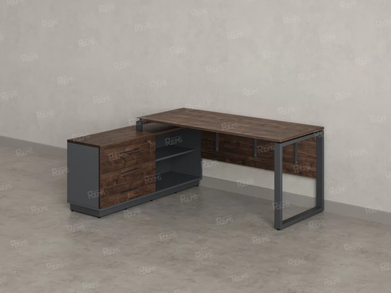 Стол прямой с тумбой L, ЛДСП экран, О-опора 1600x1400x750 RM013L-16x7 Дуб Апрельский шоколад/Серый