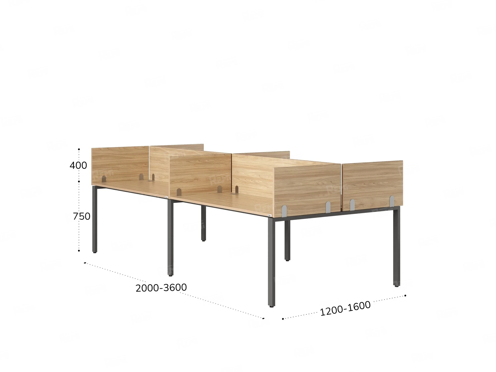 Бенч-система, 4 рабочих места, на П-образных опорах, 8 ЛДСП экранов 2800x1400x750 RM166-2-14x14 Вяз Швейцарский светлый/Серый