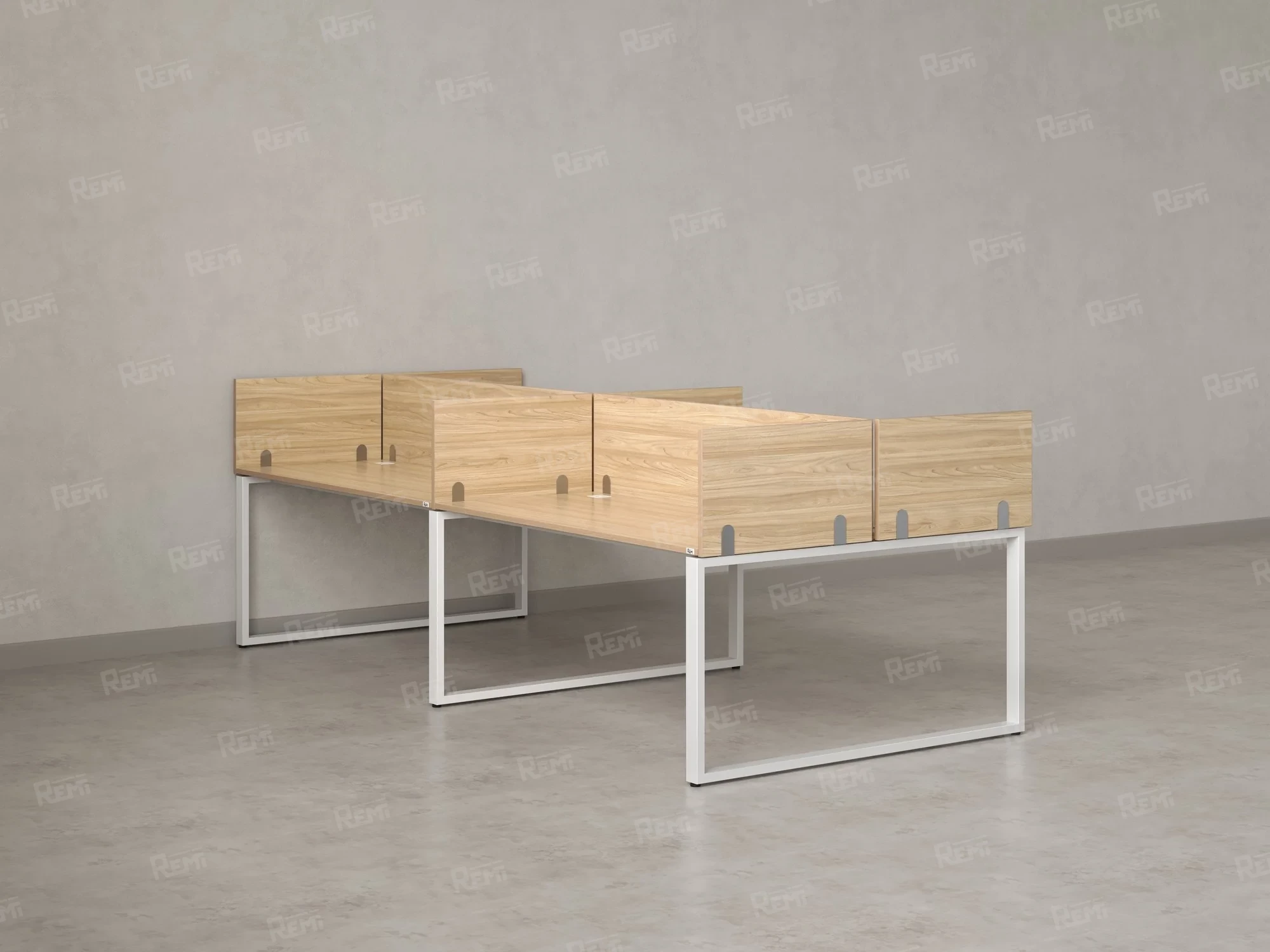 Бенч-система, 4 рабочих места, на О-образных опорах, 8 ЛДСП экранов 3600x1200x750 RM170-1-18x12 Вяз Швейцарский светлый/Белый