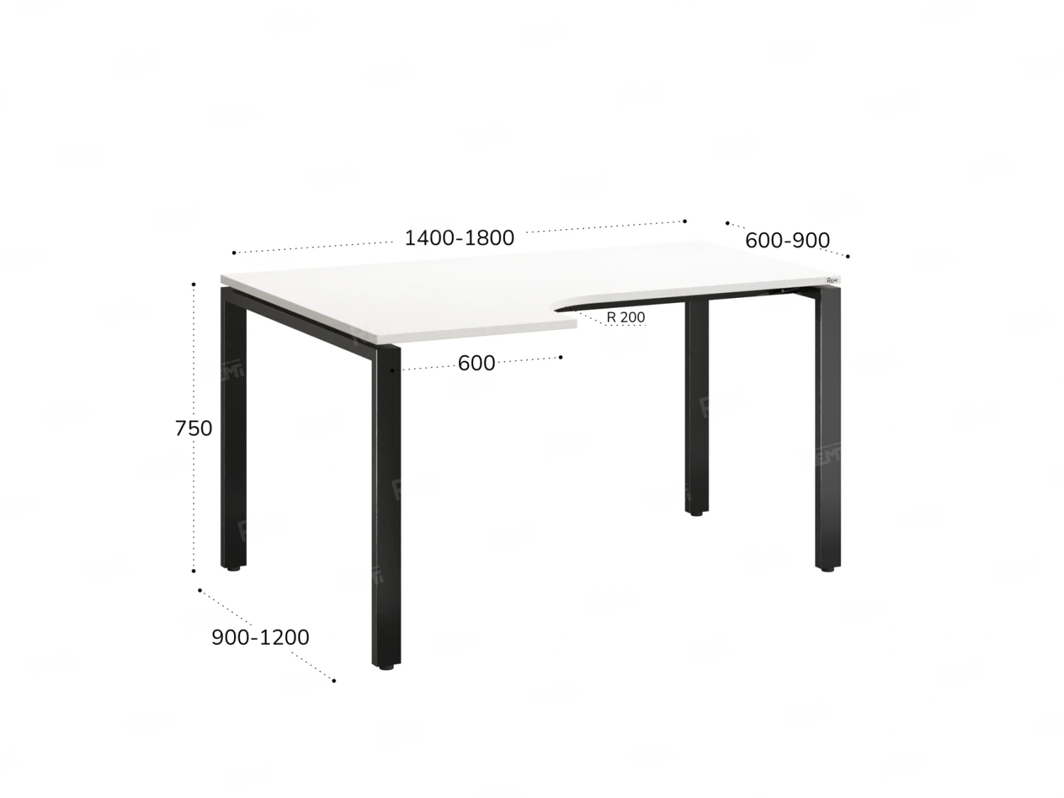 Стол угловой, П-опора, левый 1800x900/1200x750, RM053-18x9-12 Белый/Черный