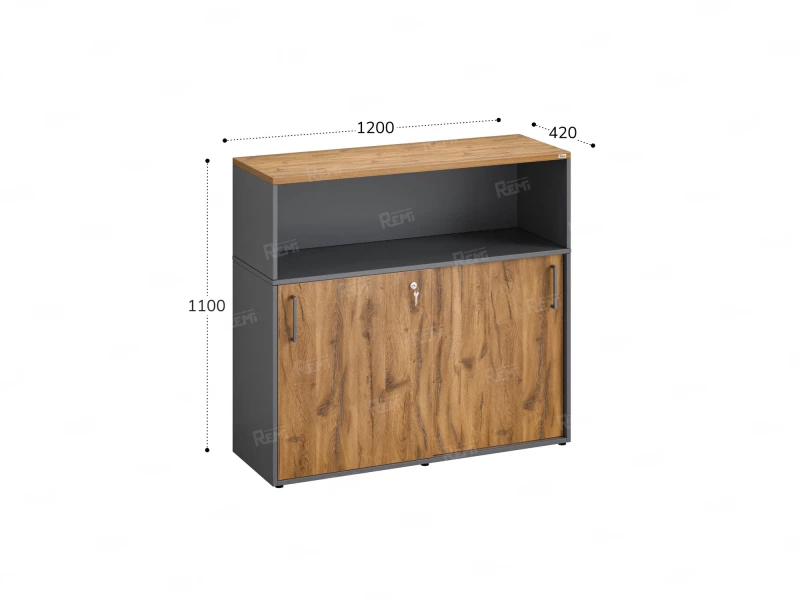 Низкий шкаф-купе, 2 полки с надстройкой, на регулируемых опорах 1200x420x1100 RM127-120x42 Дуб Юстус/Серый