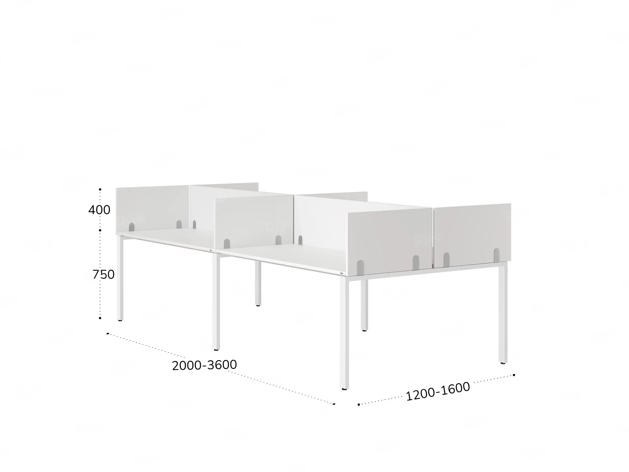 Бенч-система, 4 рабочих места, на П-образных опорах, 8 ЛДСП экранов 3600x1600x750 RM166-2-18x16 Белый/Белый