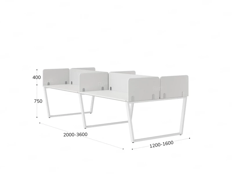 Бенч-система, 4 рабочих места, на U-образных опорах, 8 тканевых экранов 2400x1400x750 RM173-1-12x14 Белый/Белый