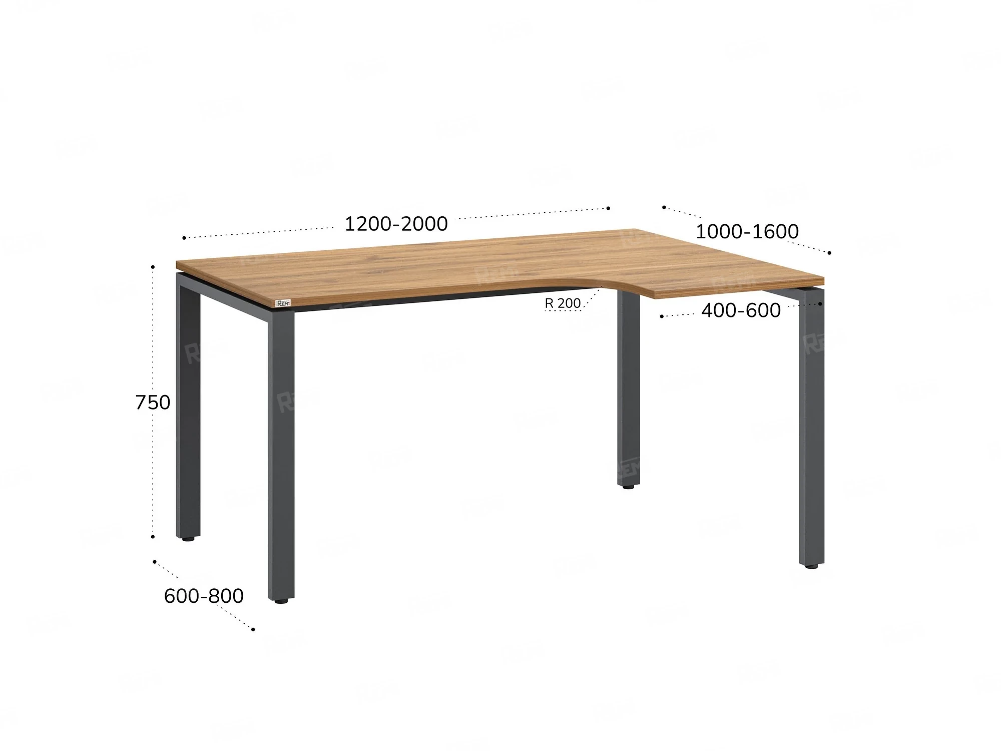 Стол угловой, П-опора, правый 1600x700/900x750, RM052-16x7-9 Дуб Юстус/Серый