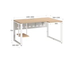 Стол угловой, экран металл, О-опора, левый 1600x900/1200x750, RM056-16x9-12 Вяз Швейцарский светлый/Белый