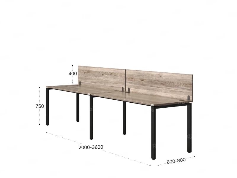 Бенч-система в 1 ряд, 2 рабочих места 2 ЛДСП экранов 2400x800x750 RM167-4-24x8 Дуб Маувелла/Черный