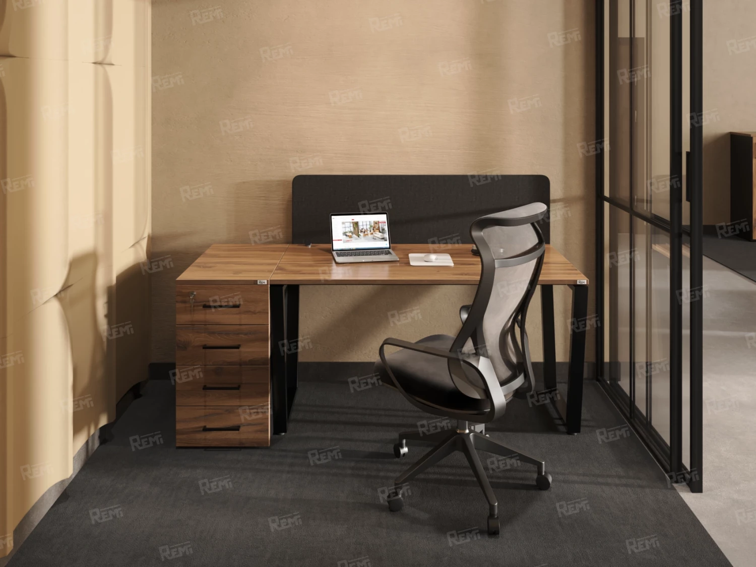 Стол прямой, подвесная тумба, ЛДСП экран, П-опора 2000x700x750 RM030-20x7 Дуб Юстус/Черный