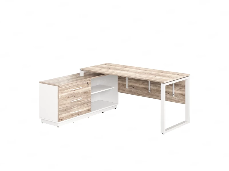 Стол прямой с тумбой L, ЛДСП экран, О-опора 1600x1400x750 RM013L-16x7 Дуб Маувелла/Белый