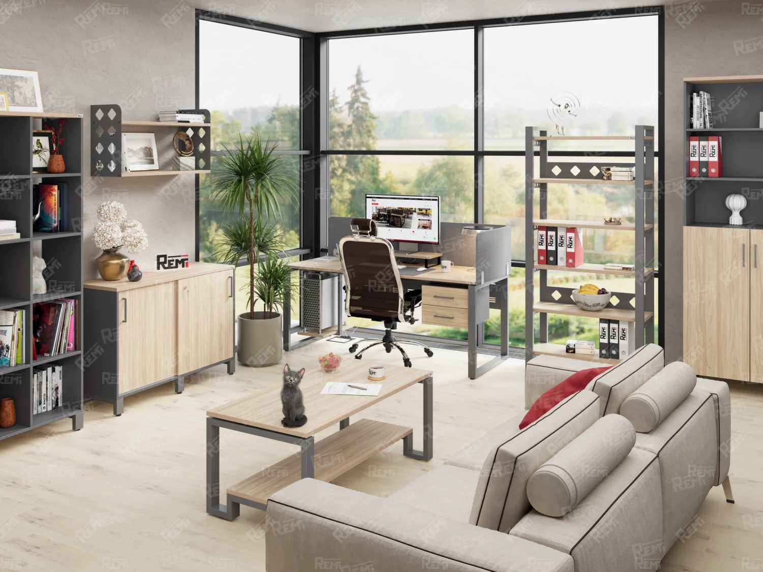 Стол прямой с тумбой R, ЛДСП экран, О-опора 1600x1400x750 RM012R-16x6 Вяз Швейцарский светлый/Серый