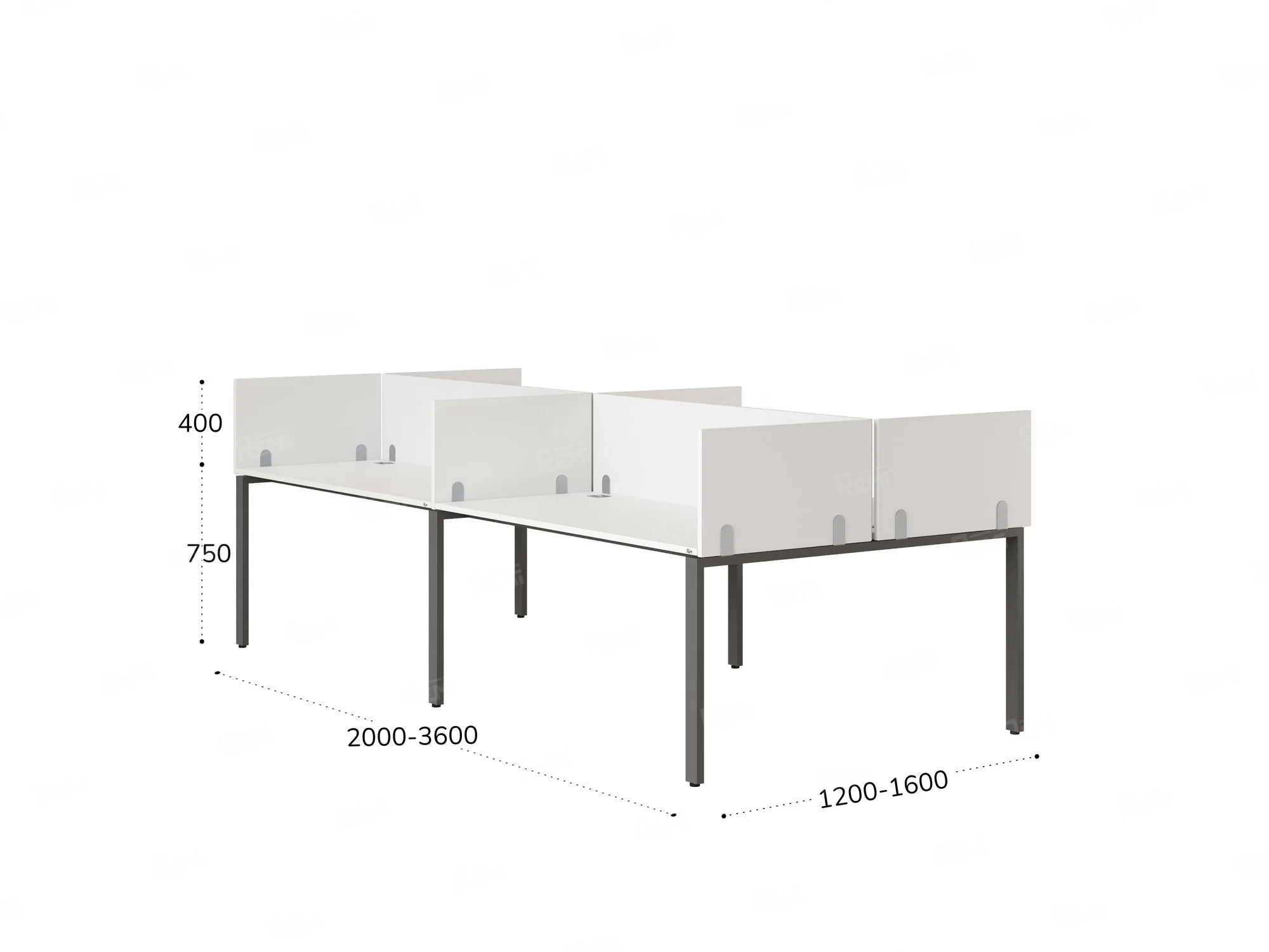 Бенч-система, 4 рабочих места, на П-образных опорах, 8 ЛДСП экранов 3600x1600x750 RM166-2-18x16 Белый/Серый