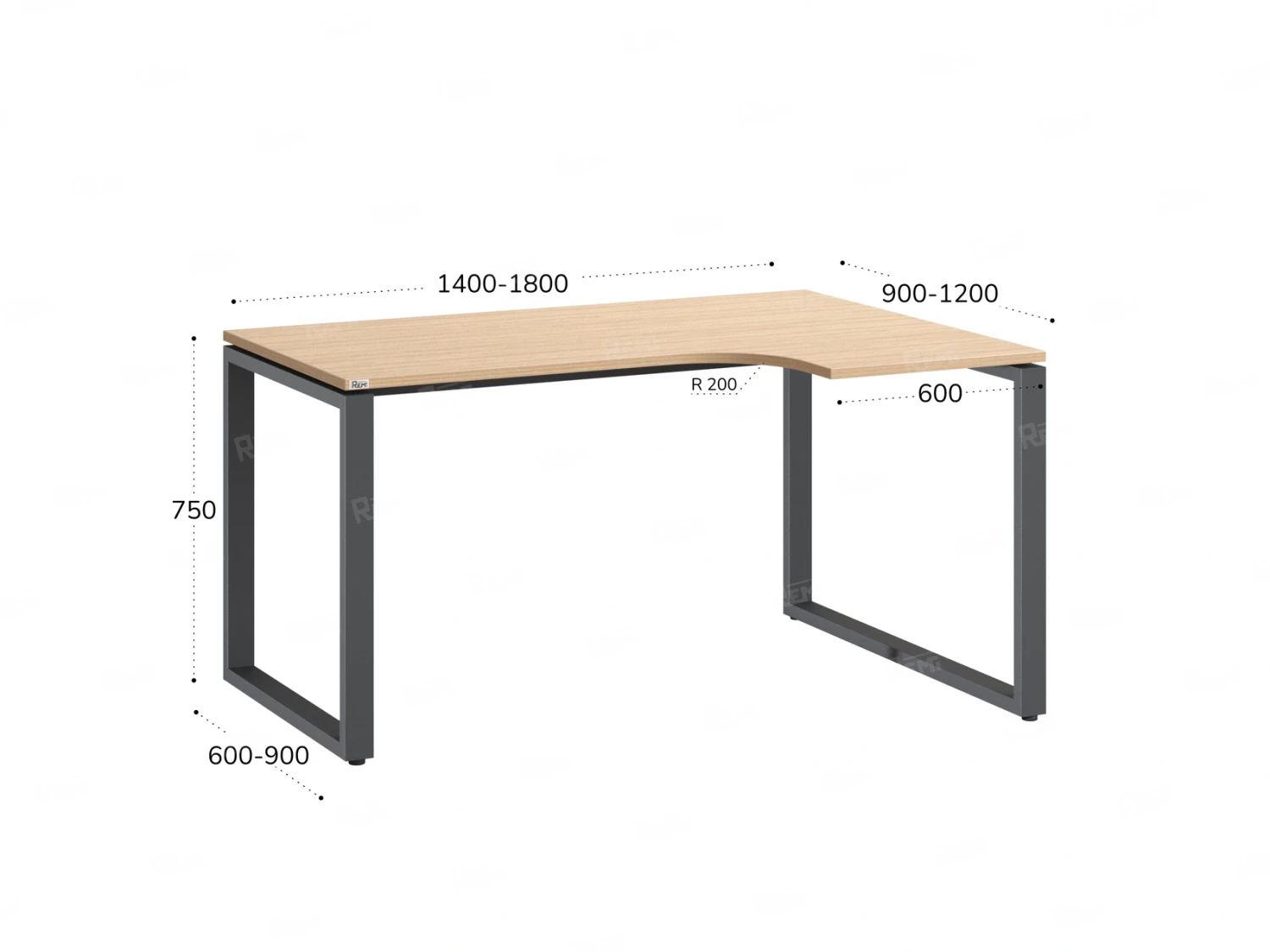 Стол угловой, О-опора, правый 1400x900/1200x750, RM054-14x9-12 Вяз Швейцарский светлый/Серый