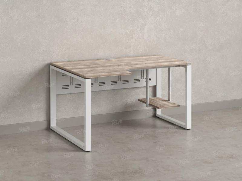 Стол угловой, экран металл, О-опора, левый 1400x600/900x750, RM056-14x6-9 Дуб Маувелла/Белый