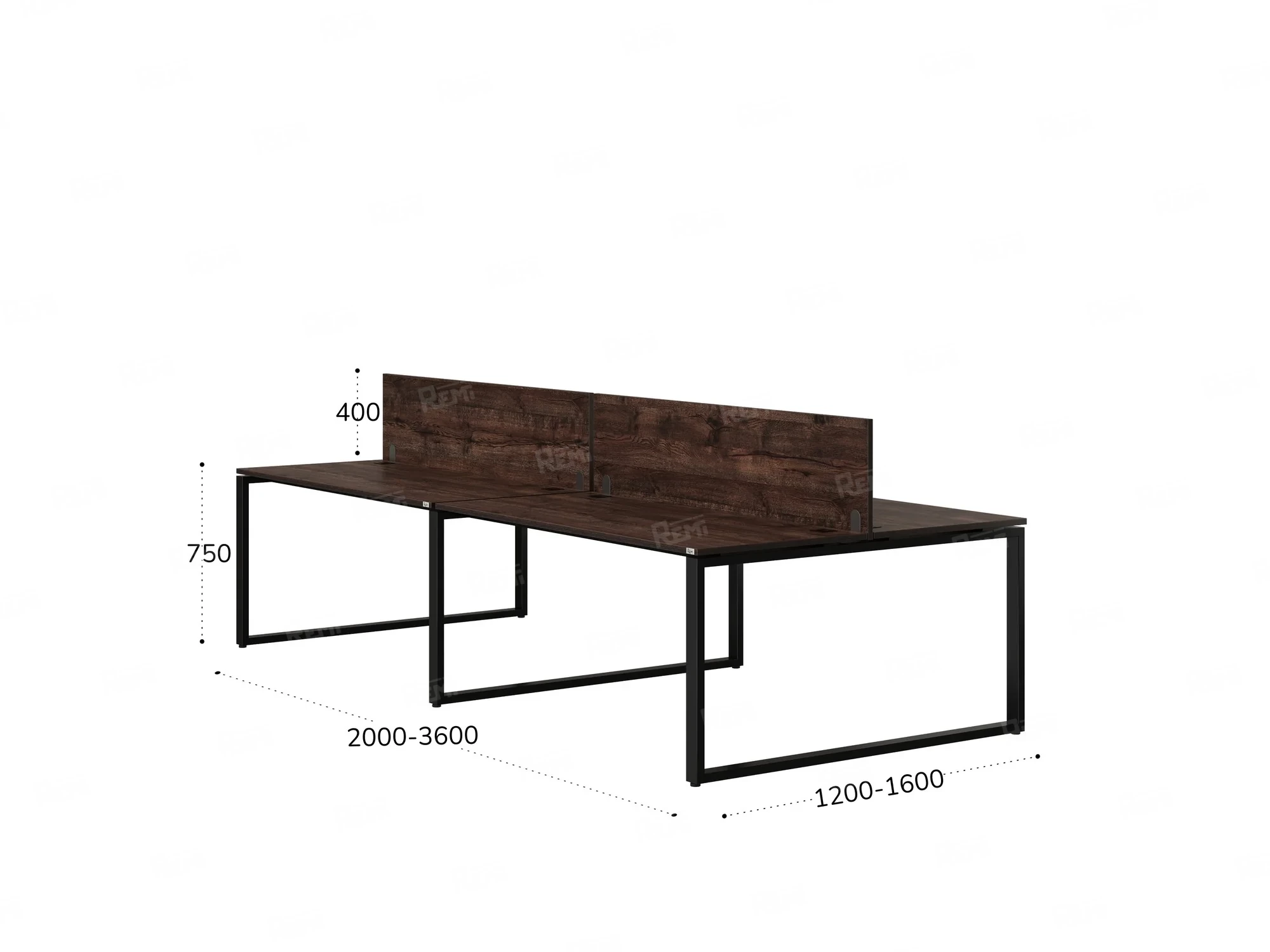 Бенч-система, 4 рабочих места, на О-образных опорах, 2 ЛДСП экранов 2000x1600x750 RM170-4-10x16 Дуб Апрельский шоколад/Черный