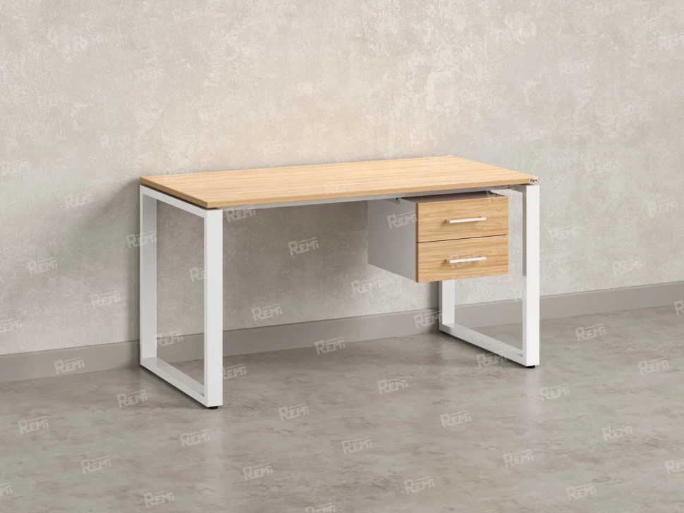 Стол прямой с подвесной тумбой 2 ящика, О-опора 1800x600x750 RM037-18x6 Вяз Швейцарский светлый/Белый