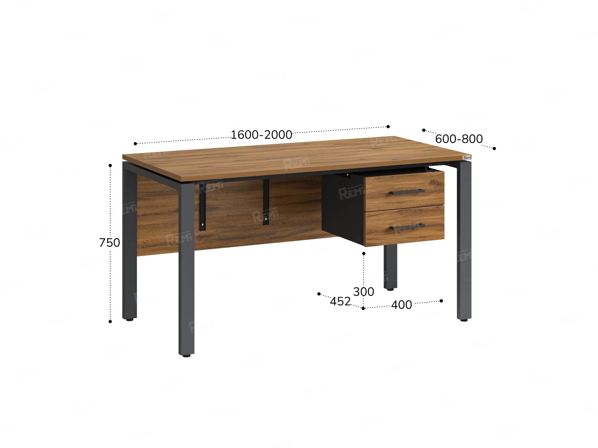 Стол прямой, подвесная тумба, ЛДСП экран, П-опора 1800x800x750 RM031-18x8 Дуб Юстус/Серый