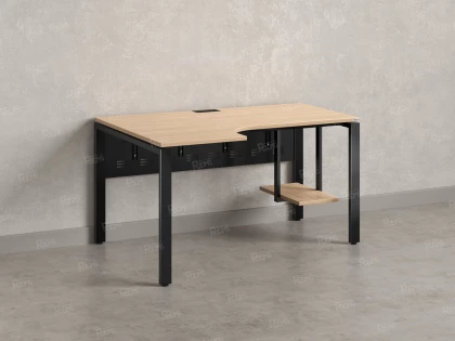 Стол угловой, экран металл, П-опора, левый 1400x900/1200x750, RM059-14x9-12 Вяз Швейцарский светлый/Черный