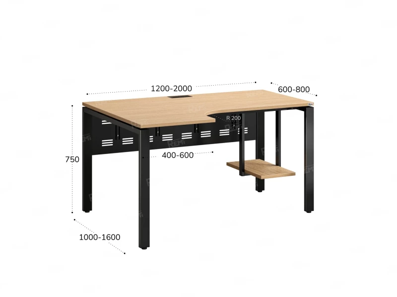 Стол угловой, экран металл, П-опора, левый 1400x900/1200x750, RM059-14x9-12 Вяз Швейцарский светлый/Черный