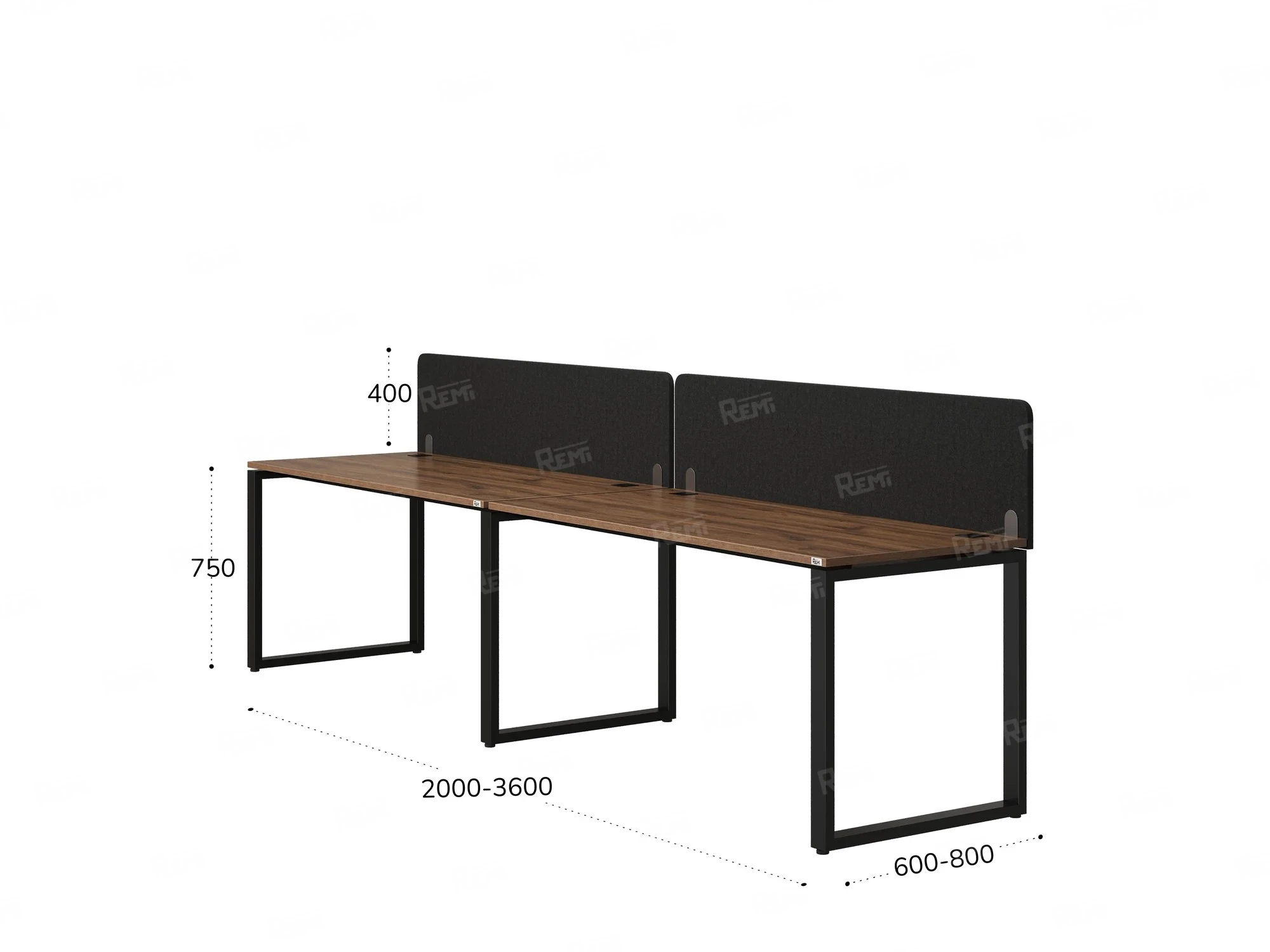 Бенч-система в 1 ряд, 2 рабочих места 2 тканевых экранов 2000x600x750 RM168-3-20x6 Дуб Юстус/Черный