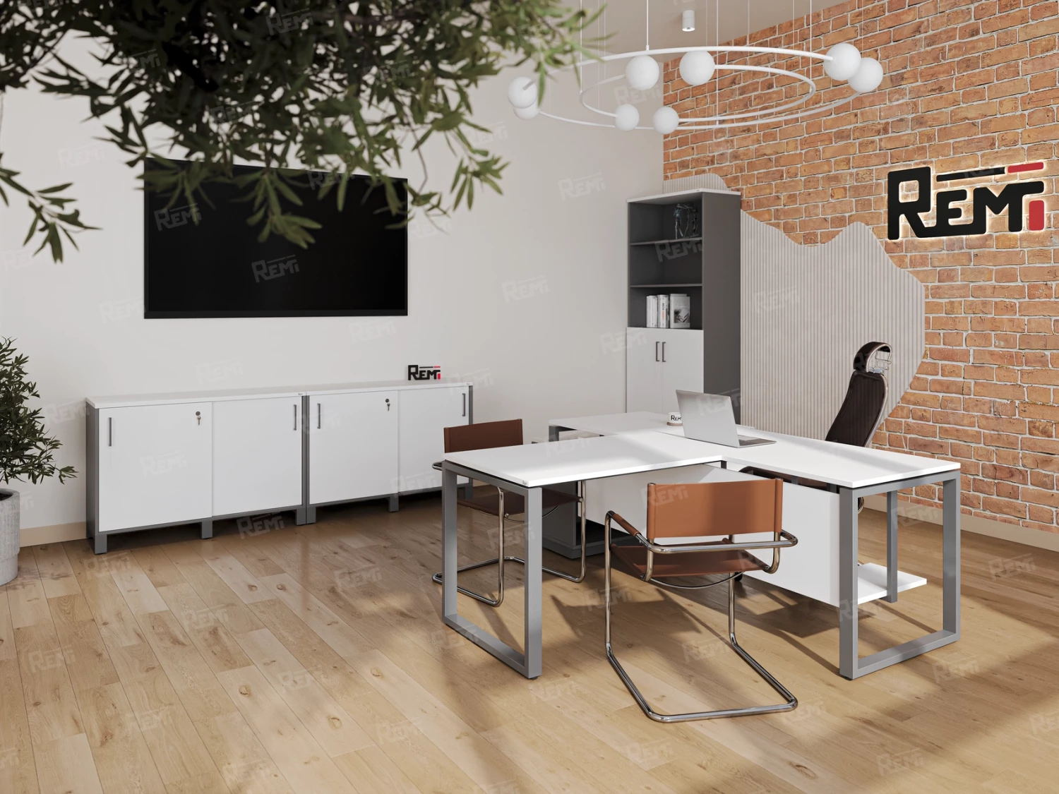 Стол прямой с подвесной тумбой 2 ящика, П-опора 2000x800x750 RM039-20x8 Белый/Серый