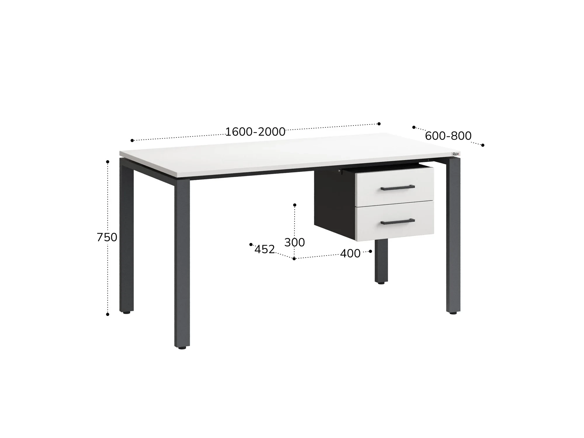 Стол прямой с подвесной тумбой 2 ящика, П-опора 2000x800x750 RM039-20x8 Белый/Серый