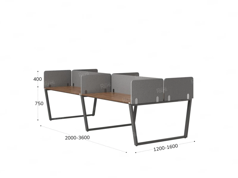 Бенч-система, 4 рабочих места, на U-образных опорах, 8 тканевых экранов 3200x1400x750 RM173-1-16x14 Дуб Юстус/Серый