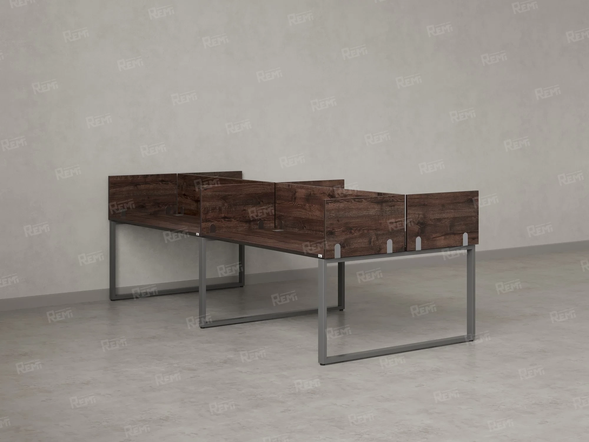 Бенч-система, 4 рабочих места, на О-образных опорах, 8 ЛДСП экранов 3600x1200x750 RM170-1-18x12 Дуб Апрельский шоколад/Серый