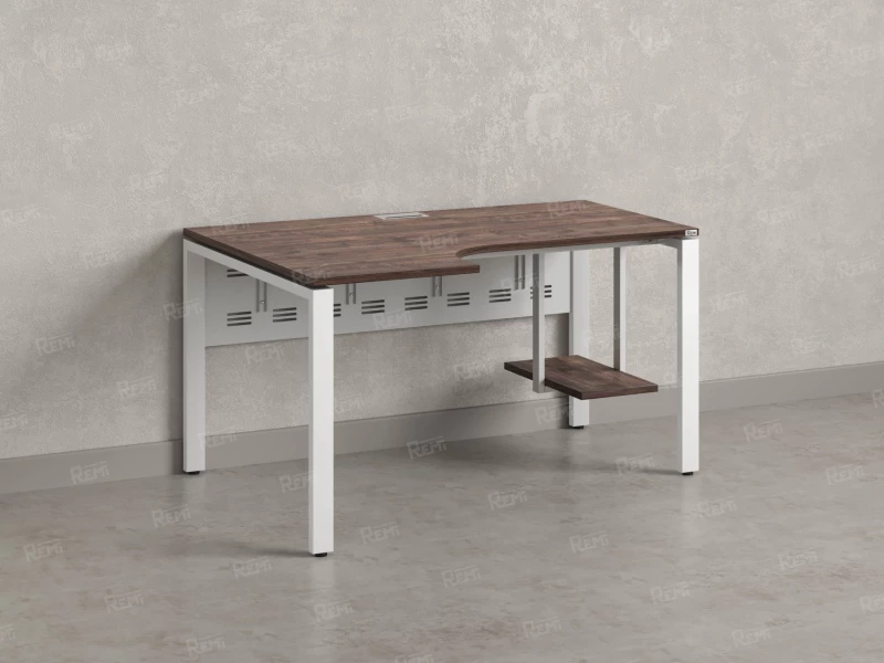 Стол угловой, экран металл, П-опора, левый 1400x900/1200x750, RM059-14x9-12 Дуб Апрельский шоколад/Белый