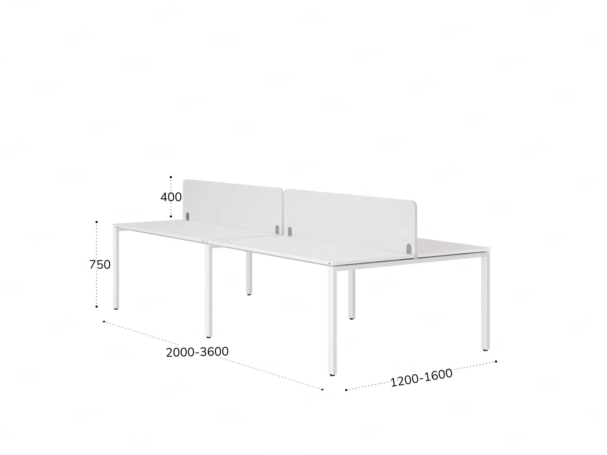 Бенч-система, 4 рабочих места, на П-образных опорах, 2 тканевых экранов 2000x1400x750 RM166-3-10x14 Белый/Белый