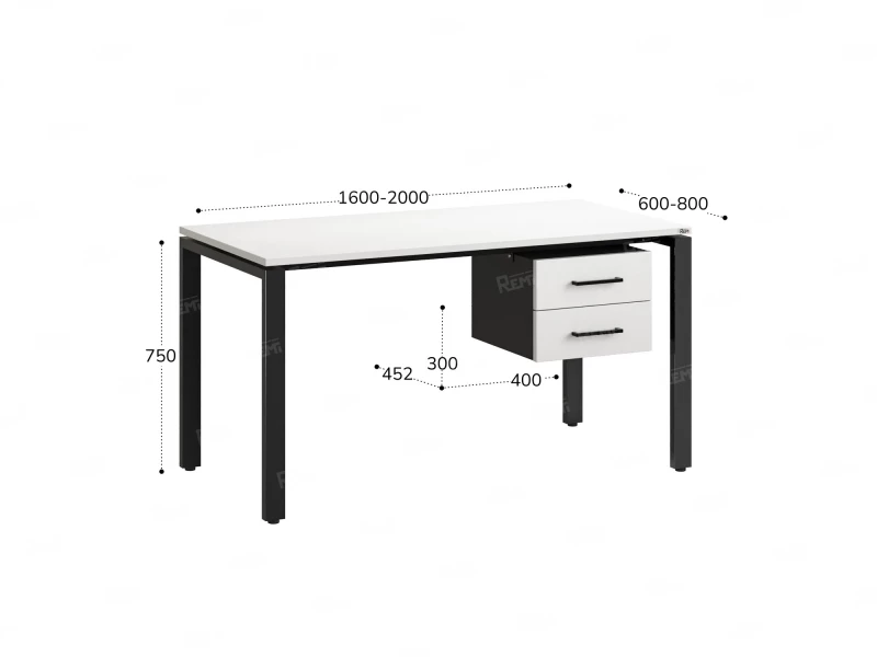 Стол прямой с подвесной тумбой 2 ящика, П-опора 2000x800x750 RM039-20x8 Белый/Черный