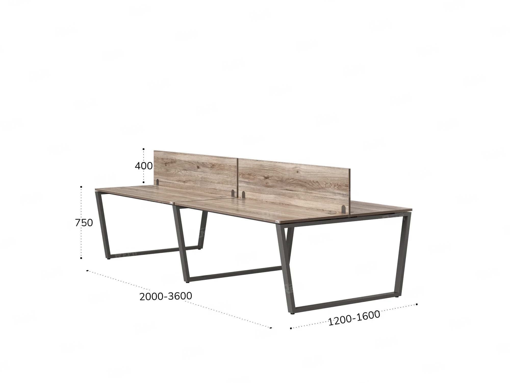 Бенч-система, 4 рабочих места, на U-образных опорах, 2 ЛДСП экранов 3600x1200x750 RM173-4-18x12 Дуб Маувелла/Серый