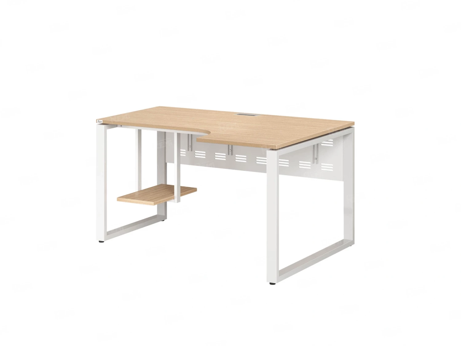 Стол угловой, экран металл, О-опора, правый 1400x800/1000x750, RM057-14x8-10 Вяз Швейцарский светлый/Белый