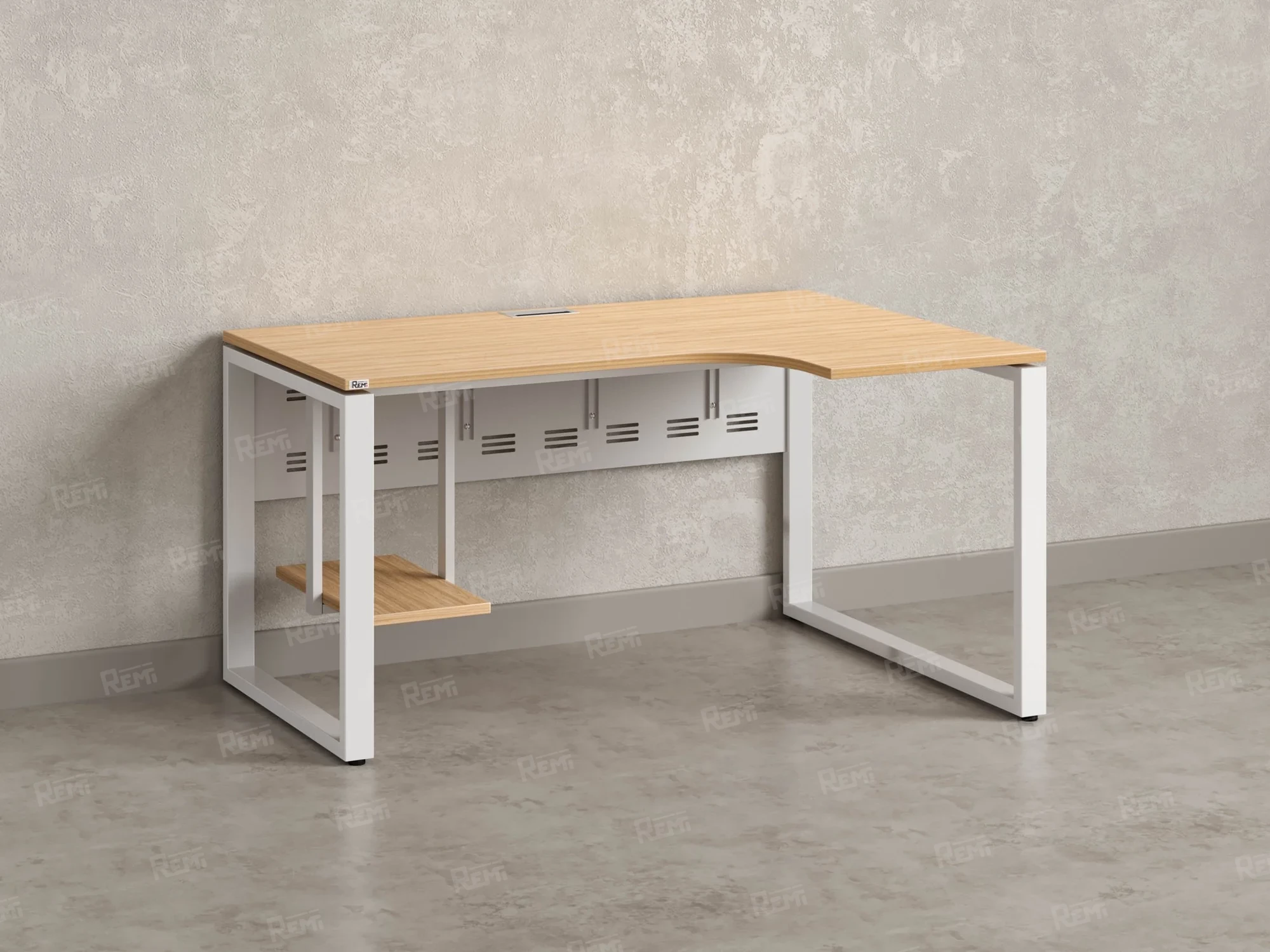 Стол угловой, экран металл, О-опора, правый 1400x800/1000x750, RM057-14x8-10 Вяз Швейцарский светлый/Белый