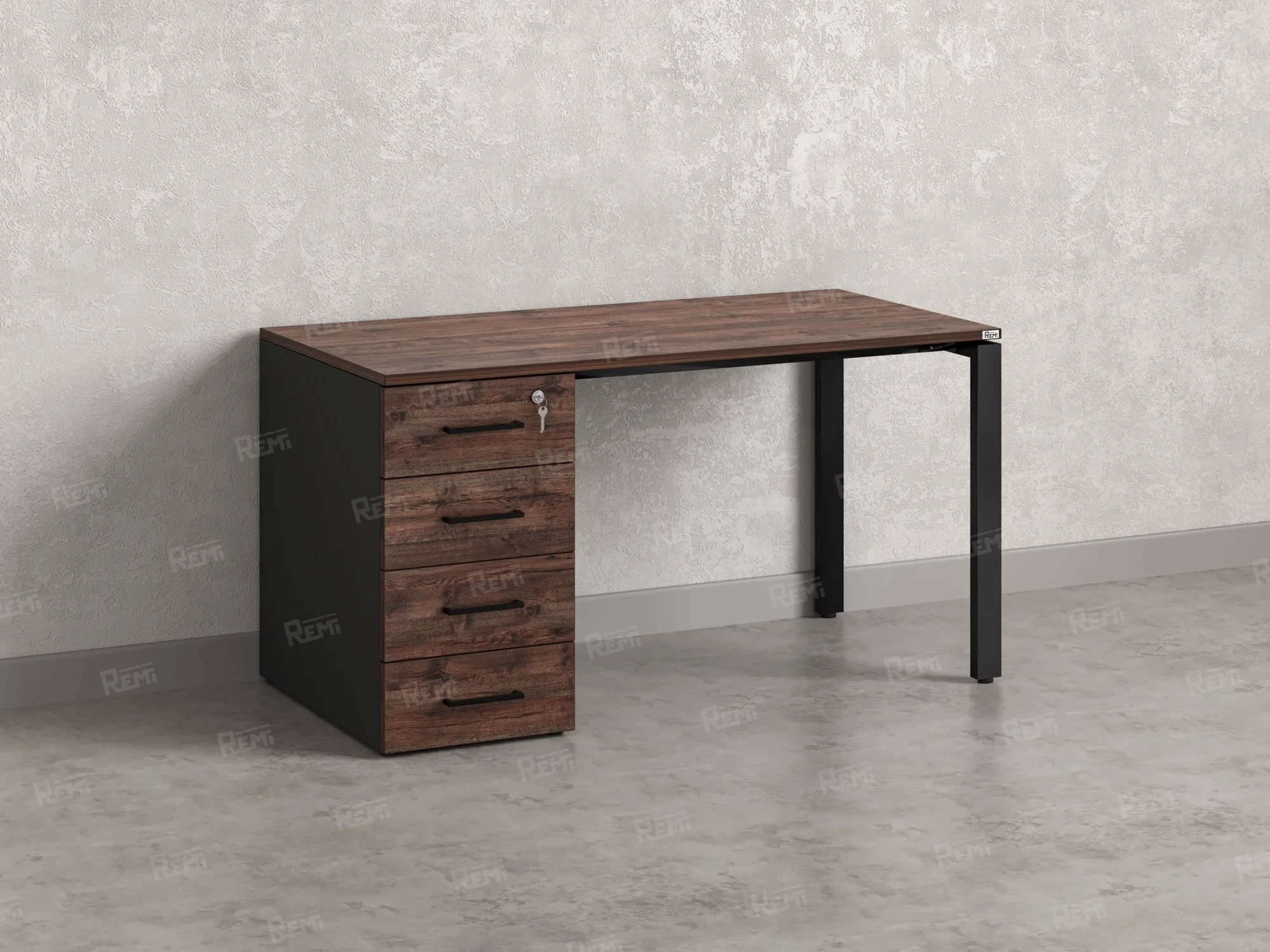 Стол прямой с тумбой на П-образных опоре, левый 1600x700x750 RM102-16x7 Дуб Апрельский шоколад/Черный