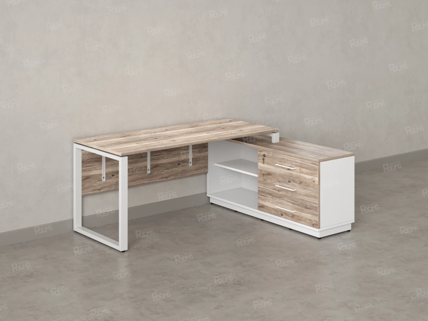 Стол прямой с тумбой R, ЛДСП экран, О-опора 1600x1400x750 RM012R-16x6 Дуб Маувелла/Белый