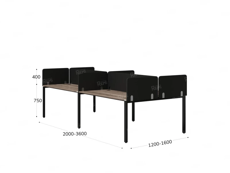 Бенч-система, 4 рабочих места, на П-образных опорах, 8 тканевых экранов 2000x1600x750 RM166-1-10x16 Дуб Маувелла/Черный