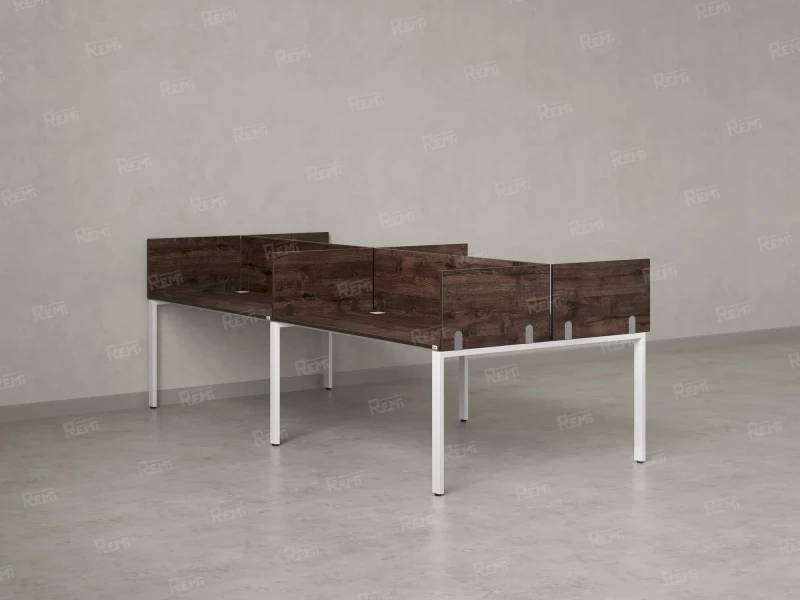 Бенч-система, 4 рабочих места, на П-образных опорах, 8 ЛДСП экранов 3600x1600x750 RM166-2-18x16 Дуб Апрельский шоколад/Белый