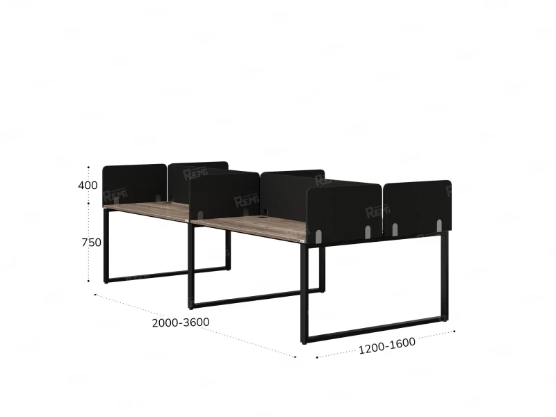 Бенч-система, 4 рабочих места, на О-образных опорах, 8 тканевых экранов 3600x1200x750 RM170-1-18x12 Дуб Маувелла/Черный