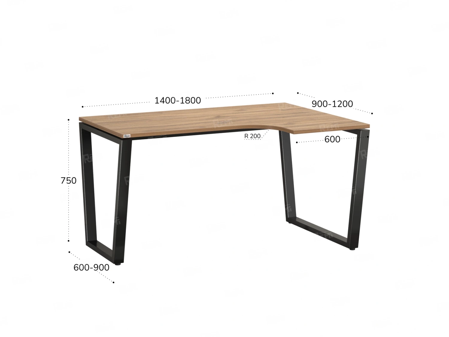 Стол угловой, U-опора, правый 1400x600/900x750, RM050-14x6-9 Дуб Юстус/Черный