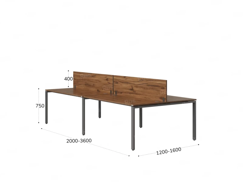 Бенч-система, 4 рабочих места, на П-образных опорах, 2 ЛДСП экранов 3600x1200x750 RM166-4-18x12 Дуб Юстус/Серый