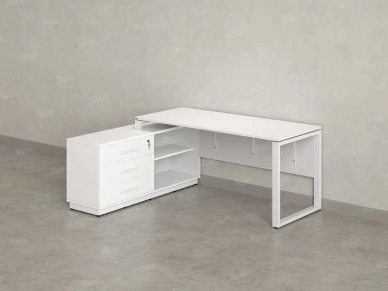 Стол прямой с тумбой L, ЛДСП экран, О-опора 1800x1400x750 RM013L-18x6 Белый/Белый