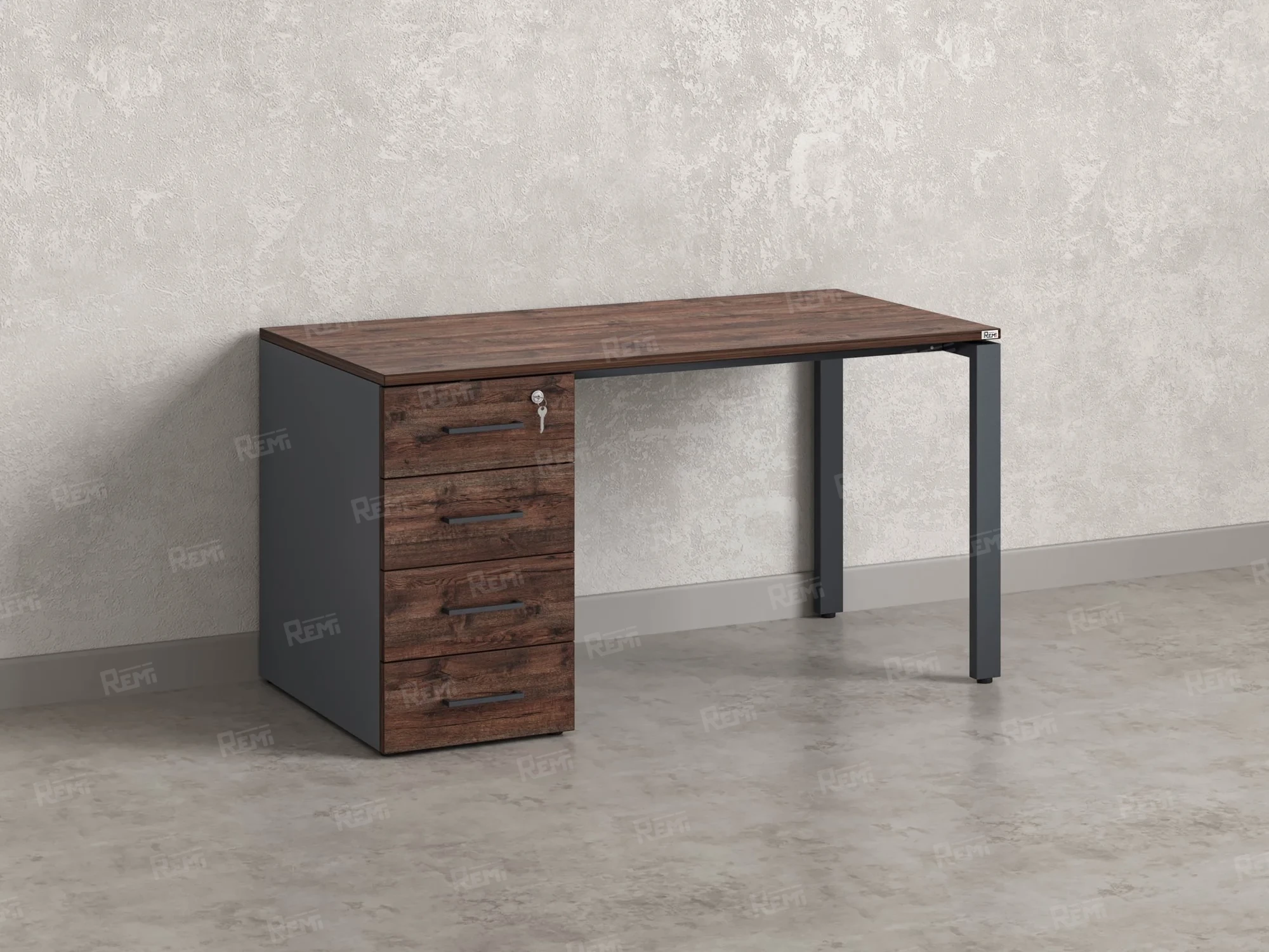Стол прямой с тумбой на П-образных опоре, левый 1600x700x750 RM102-16x7 Дуб Апрельский шоколад/Серый