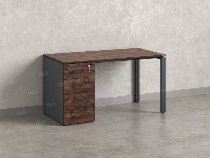 Стол прямой с тумбой на П-образных опоре, левый 1600x700x750 RM102-16x7 Дуб Апрельский шоколад/Серый