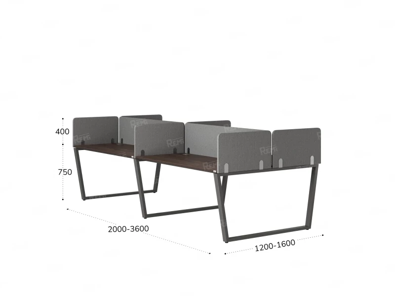 Бенч-система, 4 рабочих места, на U-образных опорах, 8 тканевых экранов 2400x1400x750 RM173-1-12x14 Дуб Апрельский шоколад/Серый