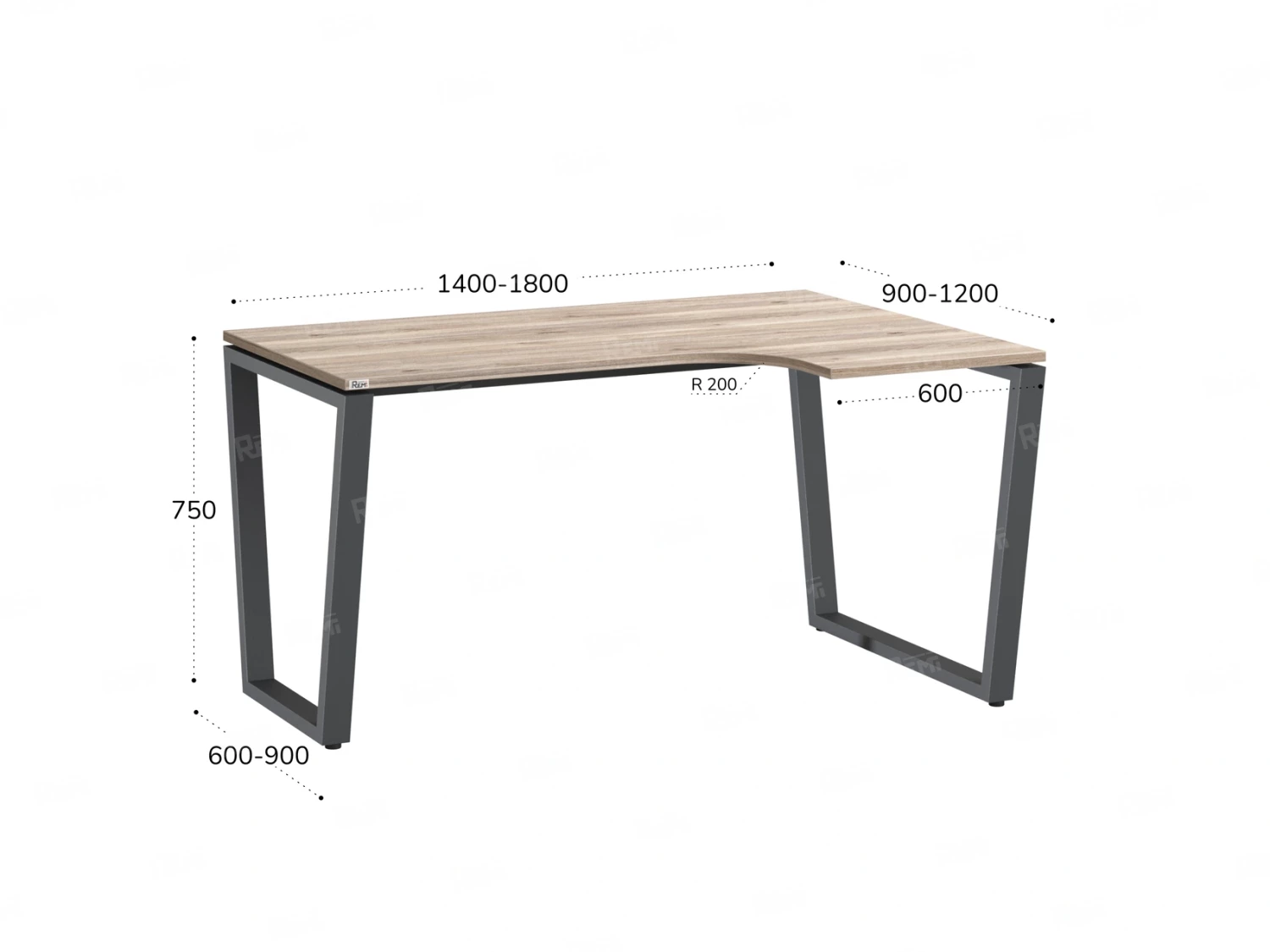 Стол угловой, U-опора, правый 1600x900/1200x750, RM050-16x9-12 Дуб Маувелла/Серый
