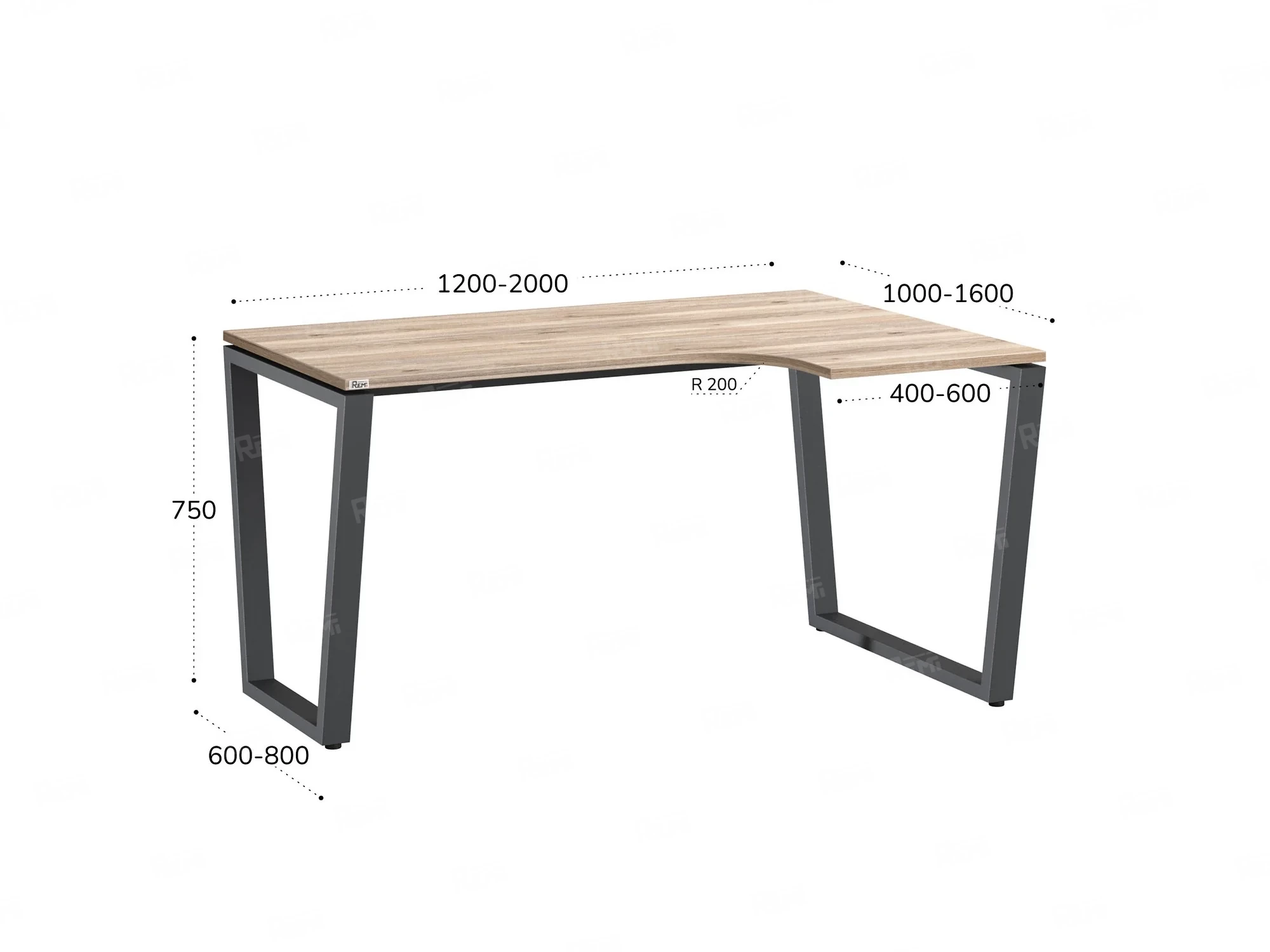 Стол угловой, U-опора, правый 1600x900/1200x750, RM050-16x9-12 Дуб Маувелла/Серый