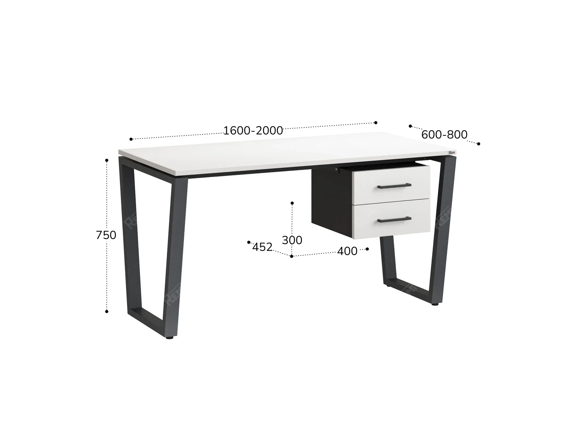 Стол прямой с подвесной тумбой 2 ящика, U-опора 2000x700x750 RM035-20x7 Белый/Серый