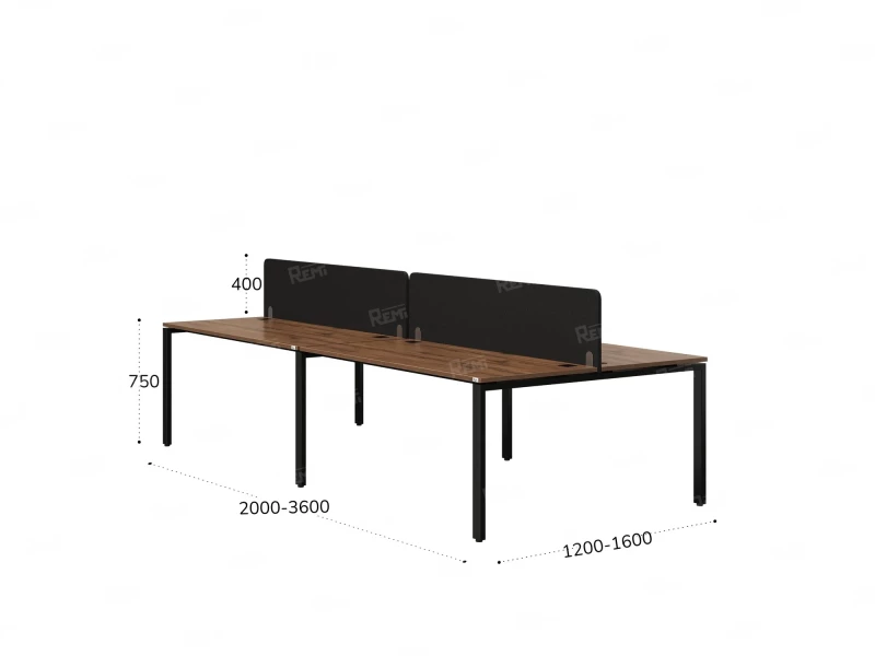Бенч-система, 4 рабочих места, на П-образных опорах, 2 тканевых экранов 2800x1400x750 RM166-3-14x14 Дуб Юстус/Черный