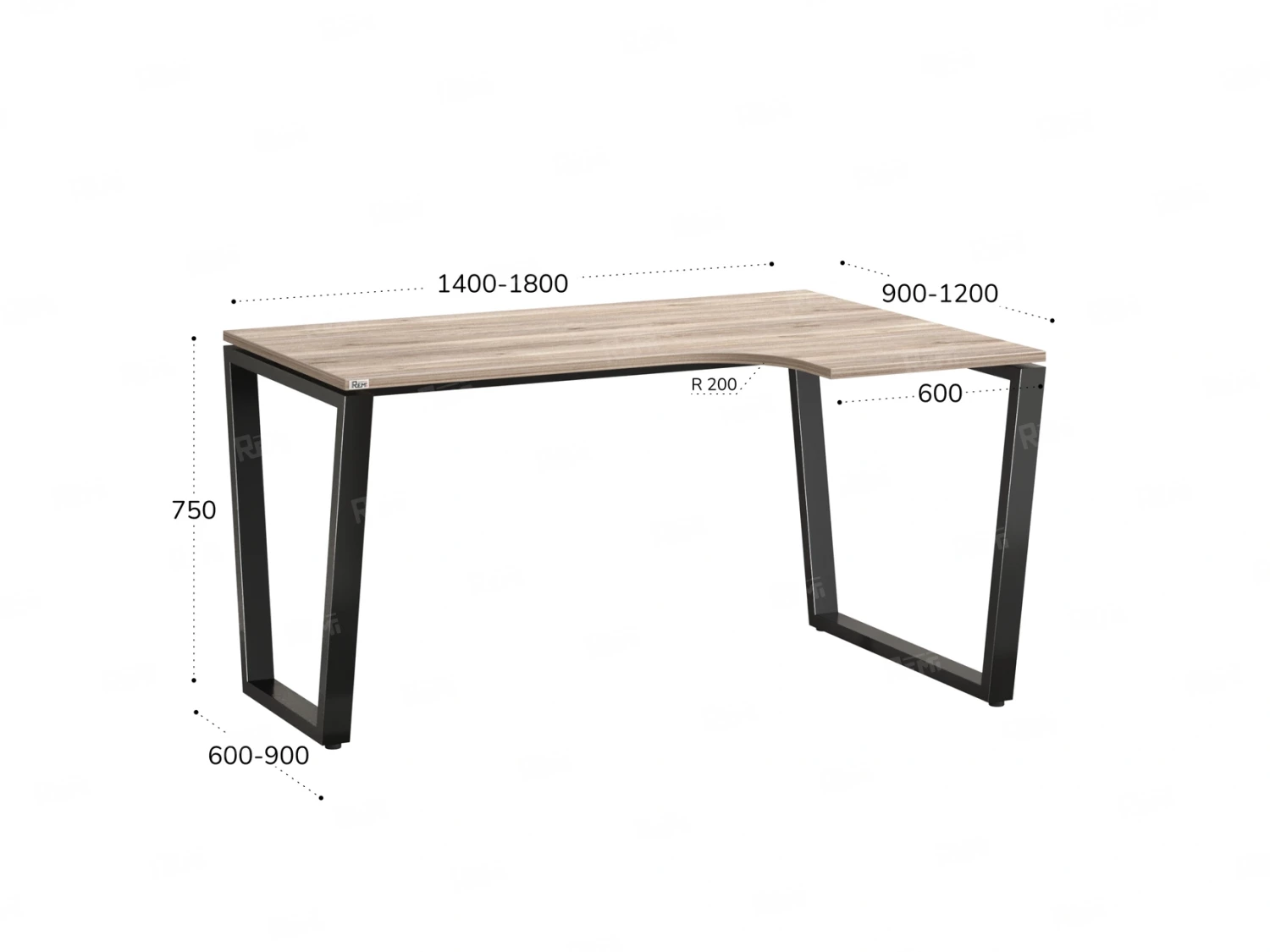 Стол угловой, U-опора, правый 1600x900/1200x750, RM050-16x9-12 Дуб Маувелла/Черный