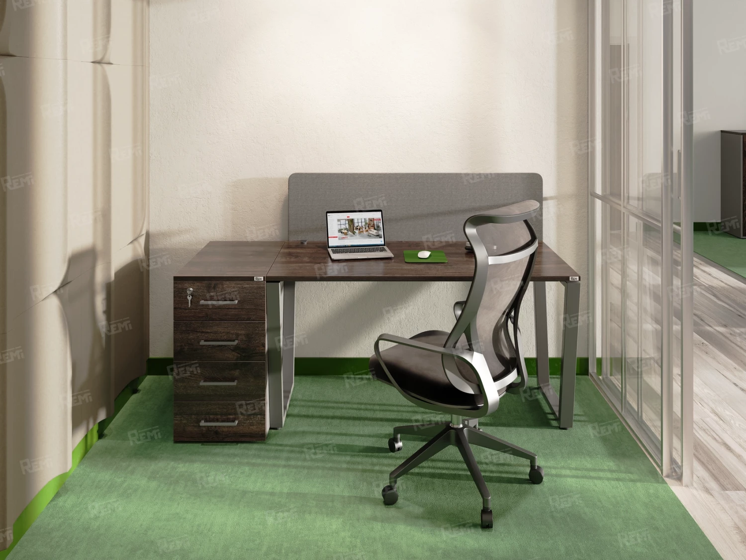 Стол прямой с подвесной тумбой 2 ящика, П-опора 2000x800x750 RM039-20x8 Дуб Апрельский шоколад/Серый